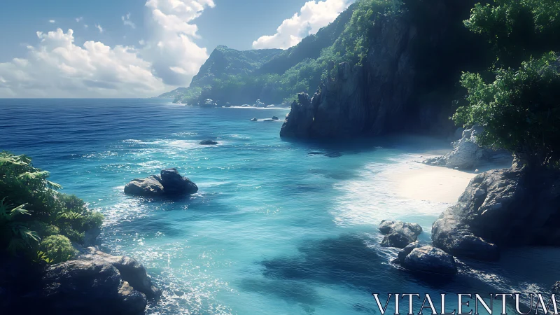 Tropical Paradise Cove. Crystalline Waters Meet Verdant Cliffs.