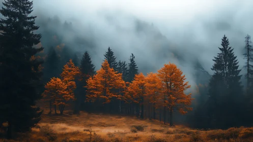 Autumn's Golden Embrace in the Misty Mountains.