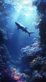 Shark gliding through sunlit coral depths in calm blue ocean.