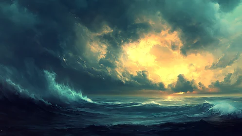 Glowing ocean sunrise wrapped in deep stormy blue waves.