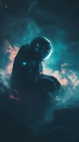 Quiet astronaut drifts through teal starlit cosmic clouds.