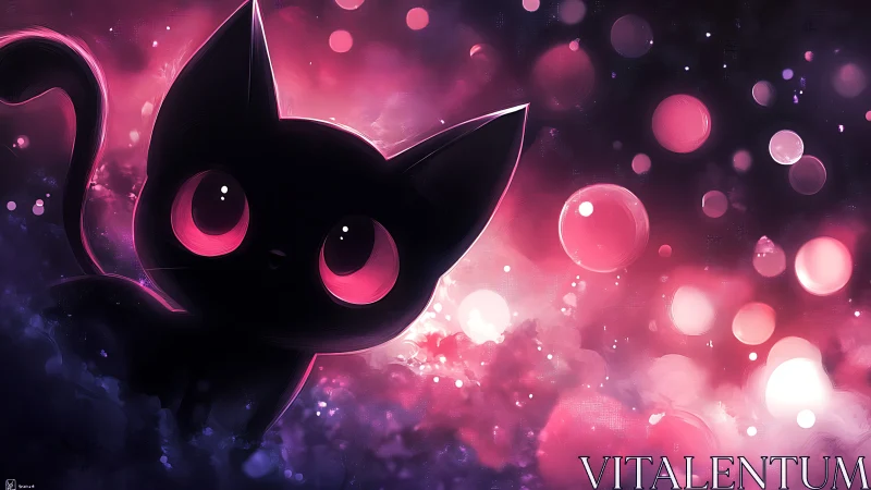 Celestial black cat silhouette with glowing magenta eyes.