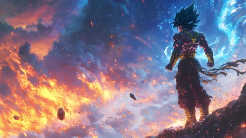 Saiyan warrior overlooking cosmic inferno and stellar sky
