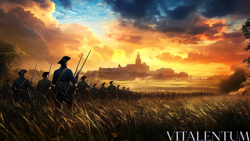 Dawn-lit regiment marches toward a distant burning citadel.