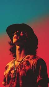 Young man in hat under bold red teal studio lighting.