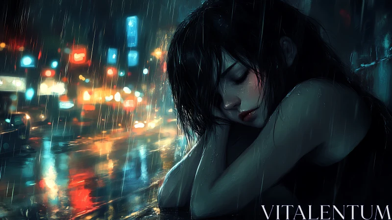 Melancholic girl resting alone in rainy neon city street.