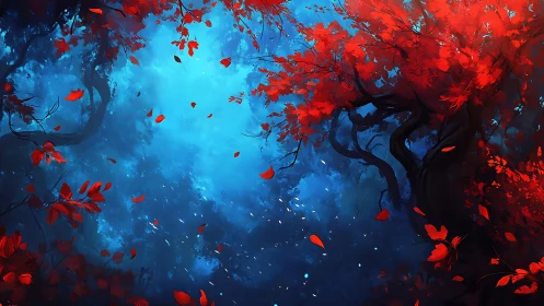Crimson crowns above a sapphire forest dreamscape sky.