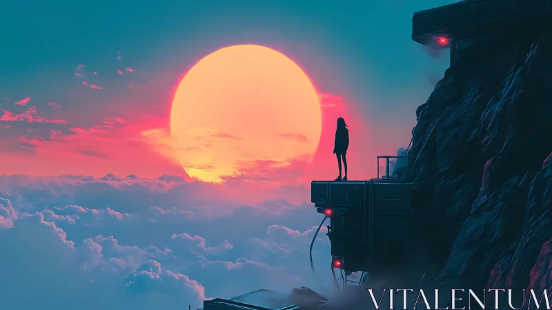 Solitary cybernoir figure facing oversized neon horizon sun