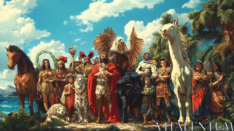 Epic fantasy heroes and mythical beasts gather in unity.
