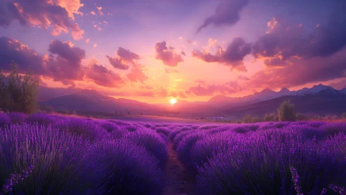 Lavender sunset path leading into a calm, glowing horizon.