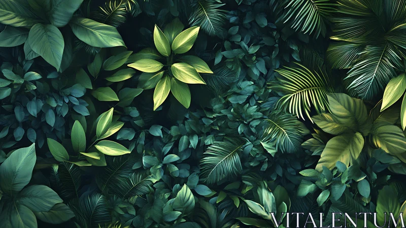 Dense tropical foliage rendered with layered depth and cool lighting