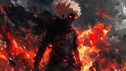 Masked figure with white hair amid dense flames and smoke.