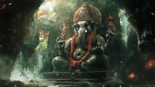 Ganesha stone idol in misty forest cave shrine at sunrise.