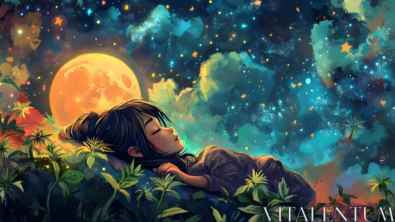 Sleeping girl under chromatic nebula sky and oversized lunar disc