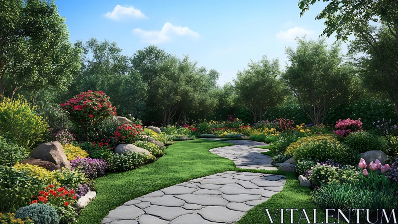 Sunlit garden path winding through colorful blooms.