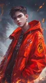 Storm-lit street rebel wrapped in blazing orange calm.