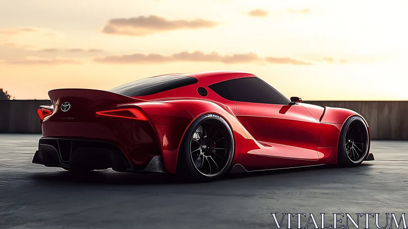 Sleek red Toyota sports coupe glows under a soft sunset sky.
