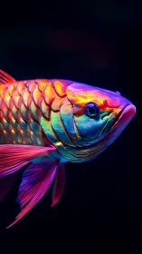Neon arowana fish glows against deep black aquatic void