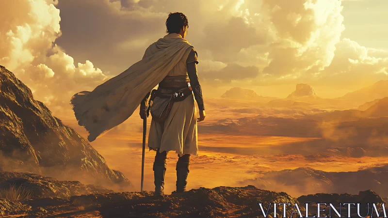 Wanderer in golden desert light, standing at journey’s edge.