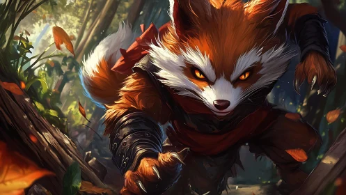 Warrior fox assassin lunges through sunlit forest ambush.