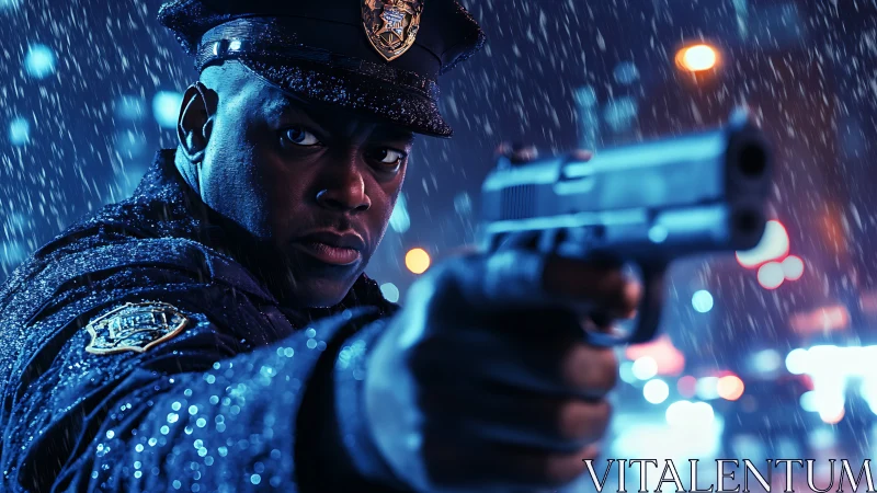 Rain-slicked night officer locking steel resolve on target.