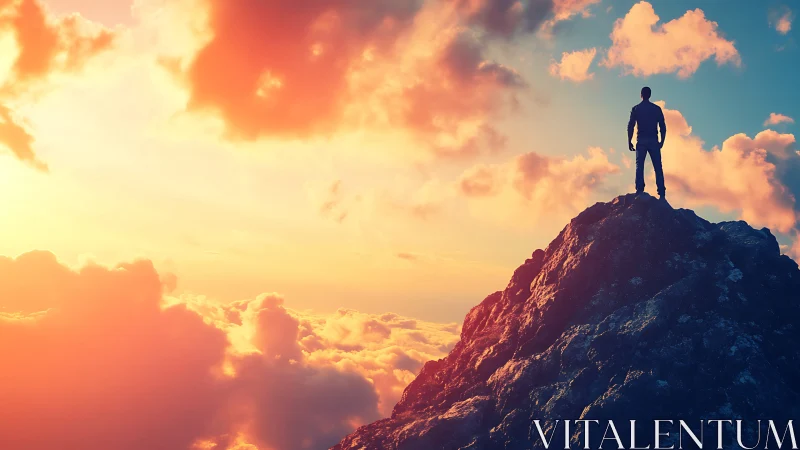 Silhouetted climber surveys vibrant sunrise above clouds.