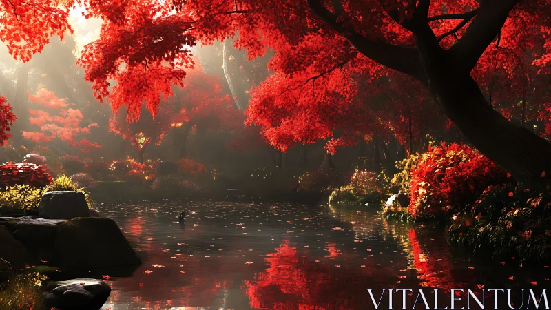 Red maple forest pond under soft sunlight in autumn.