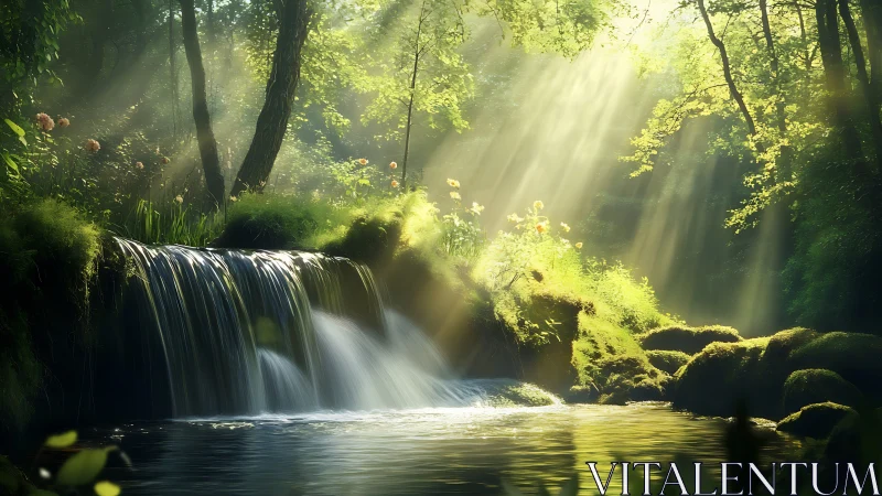 Serene forest waterfall with sunbeams in dreamy natural style.