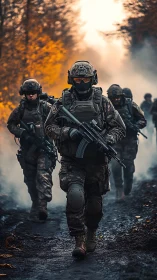 Autumn warpath squad advancing through ember-tinted fog.