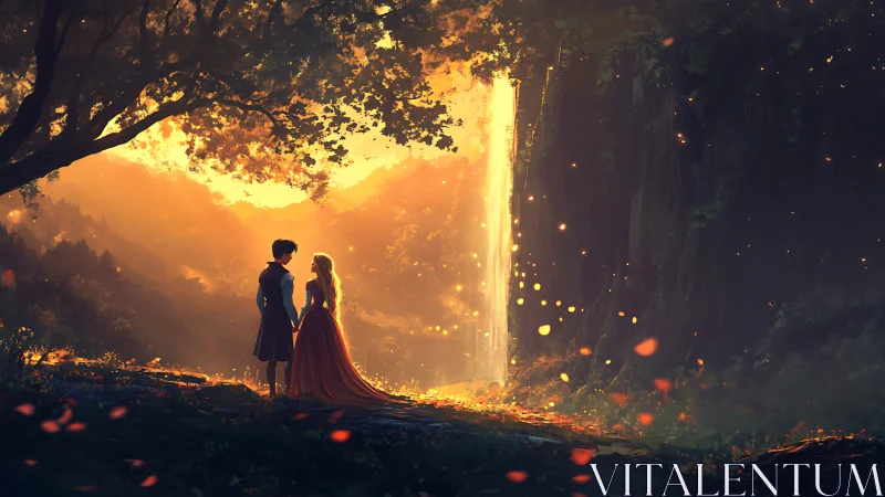 Ethereal lovers stand beneath golden light in mystical forest cavern