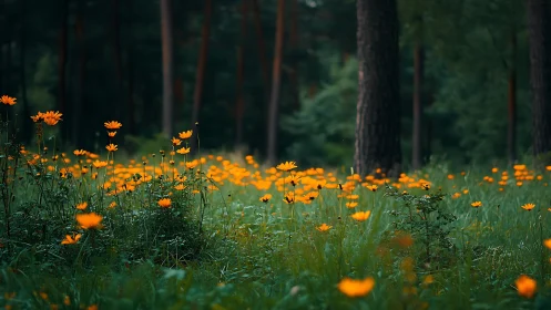 Wildflower meadow glows in cool forest light at dusk.