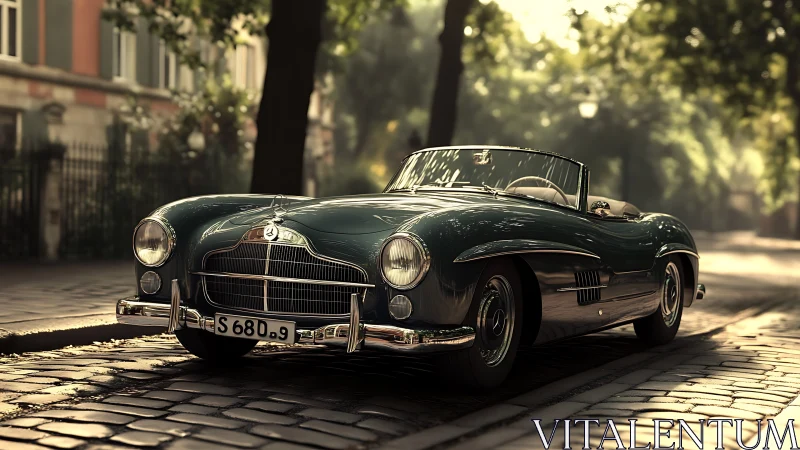 Sunlit classic roadster lounges on quiet cobblestone street