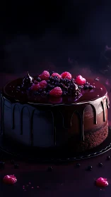 Dark chocolate cake with raspberry and blackberry garnish
