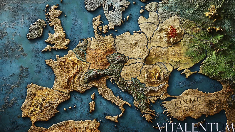 Textured fantasy map of Europe inviting curiosity and wonder.