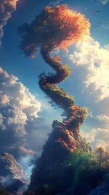 Spiraling skyward tree crowns a sunlit fantasy peak.