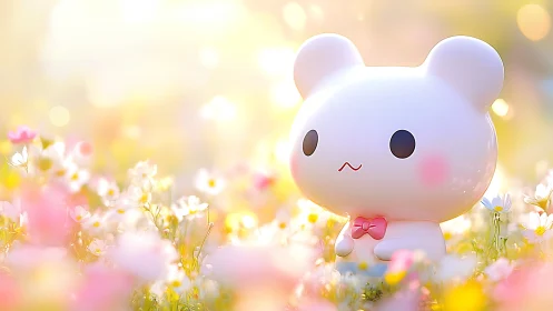 Pastel bear figurine bathed in dreamy spring meadow light.