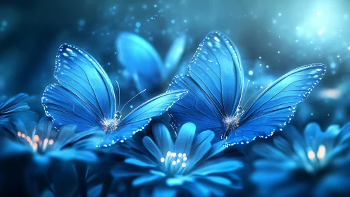 Blue butterflies on stylized flowers under soft blue light.