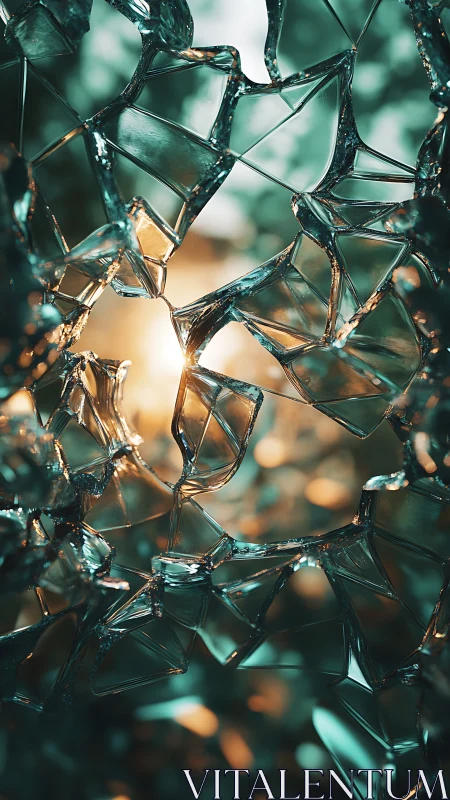 Shallow‑depth macro view isolates fractured glass shards with bokeh light