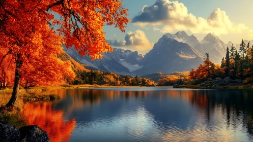 Autumn alpine lake reflects vivid foliage and distant mountains