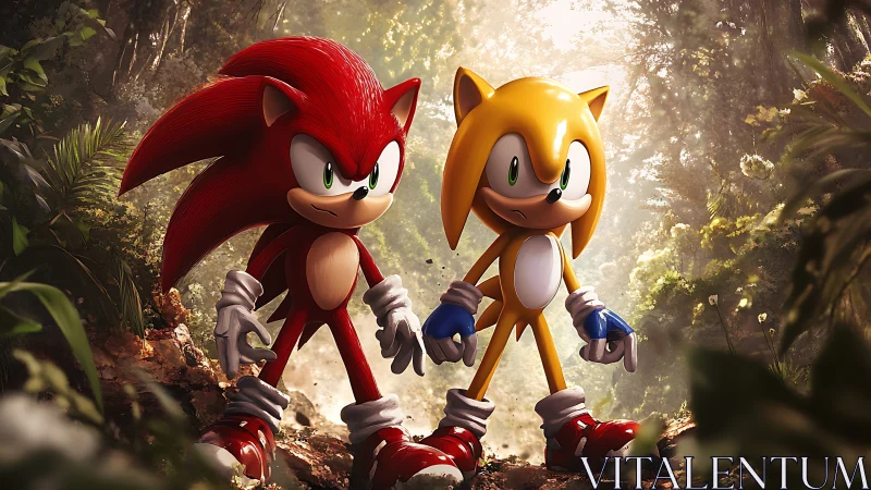 Two stylized hedgehog characters in dense forest setting.