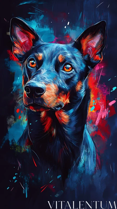 Digital portrait depicts alert dog against abstract backdrop
