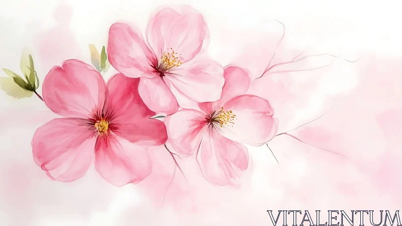 Pink cosmos flowers rendered in soft watercolor wash.