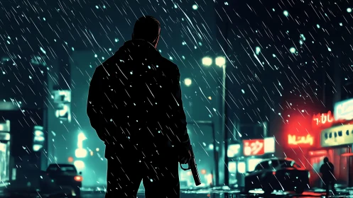 Backlit gunman observes neon city street under heavy rain