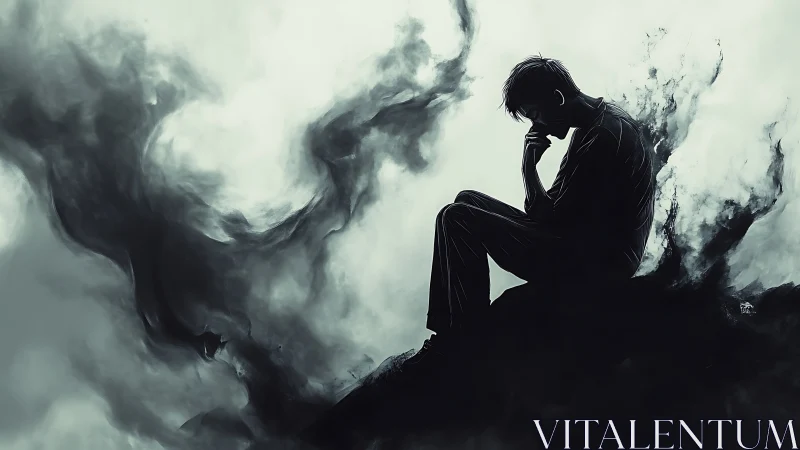 Silhouetted figure in swirling monochrome smoke cloudscape.