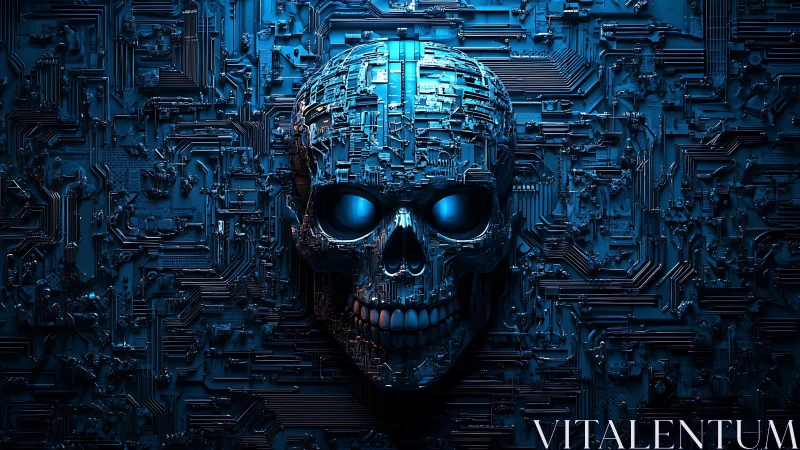 Neon circuitry skull emerges from a midnight digital labyrinth.