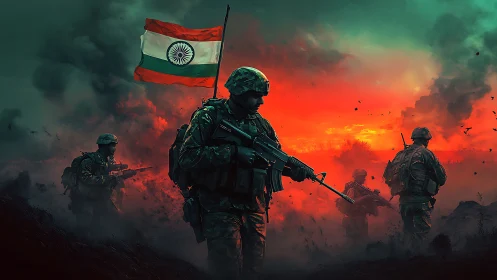 Indian infantry squad advancing under tricolor at dusk battlefield