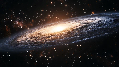 Spiral galaxy in profile with radiant golden core glow.