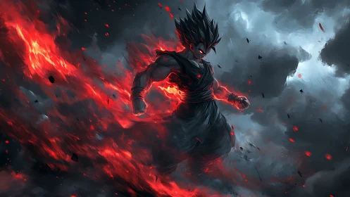 Dark-haired warrior ignites red energy amid storm clouds