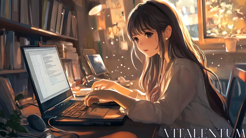 Anime programmer codes at dual laptops under warm rim lighting