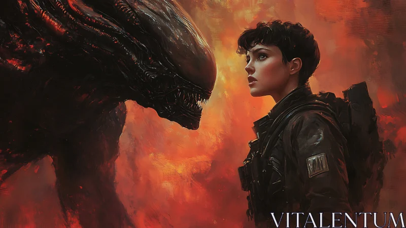 Armored space officer confronting biomechanical alien in flames